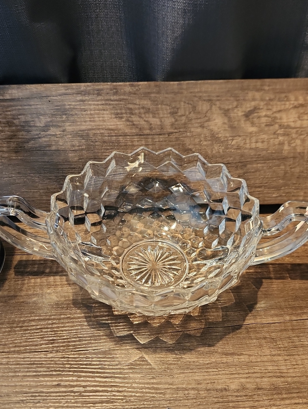 Vtg. 60's EUC Clear Faceted 12" Glass Serving Bowl wHandles Inside Dia. 8"